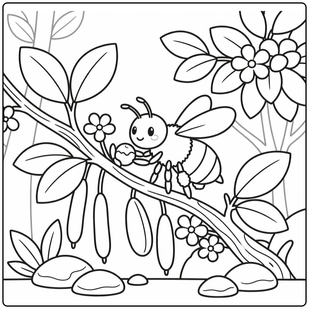 Busy bee coloring page showing bee gathering tree resin from bud