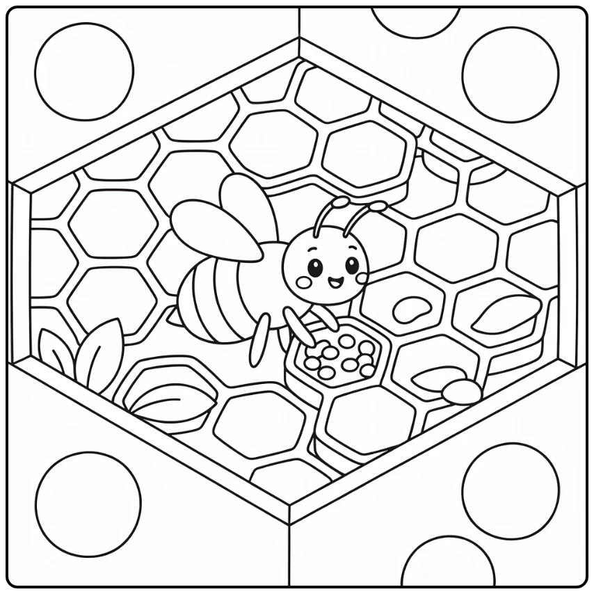 Busy bee coloring page showing bee packing pollen in hive