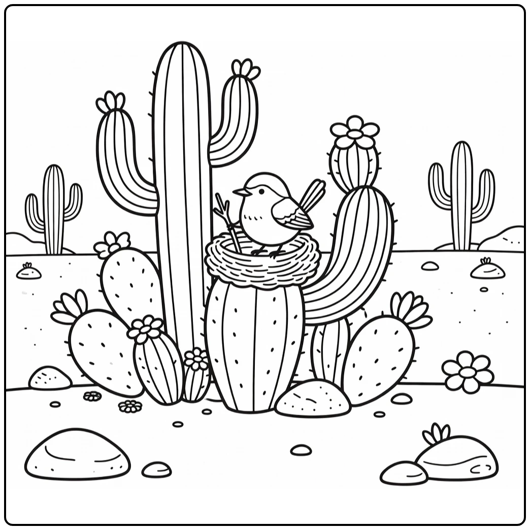 easy desert animal coloring page: cactus wren nesting