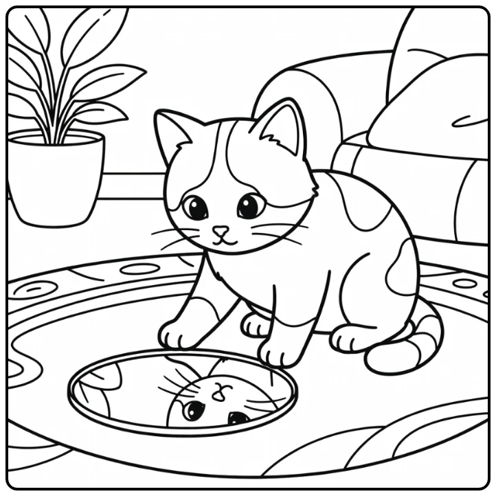 Calico cat coloring pages: cat paw-touching mirror reflection