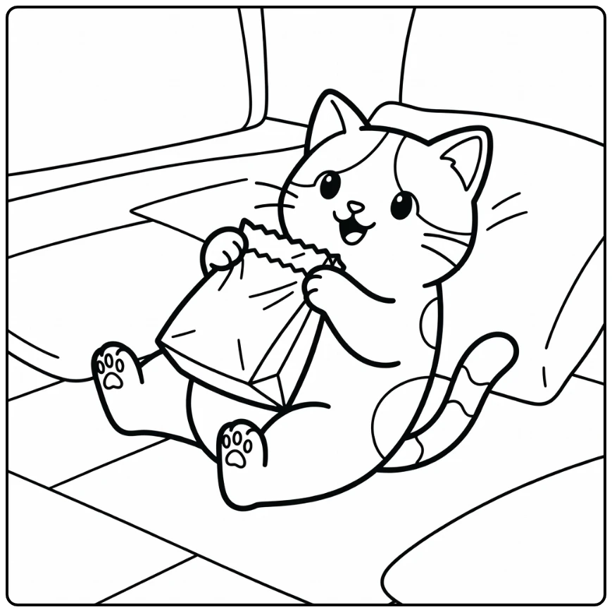 Playful calico cat coloring pages: rolling on back clutching paper bag