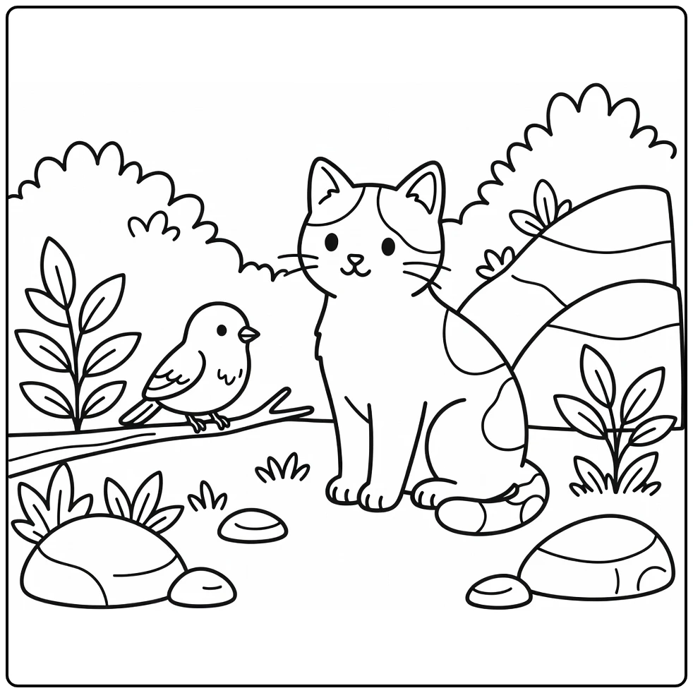 Calico cat coloring pages: gentle cat eyes bird curiously