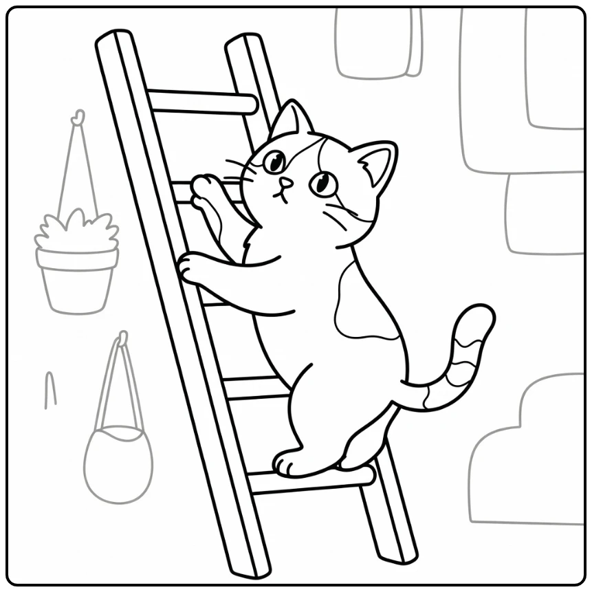 Determined calico cat climbs ladder in calico cat coloring pages (58 chars)