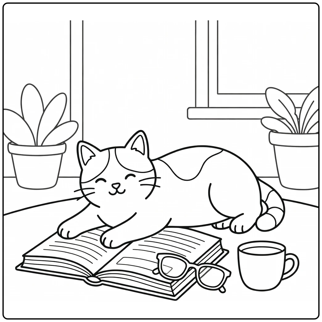 Relaxed calico cat on book with glasses - calico cat coloring pages