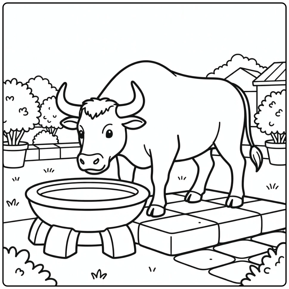 Bull drinking at rural fountain bull coloring pages