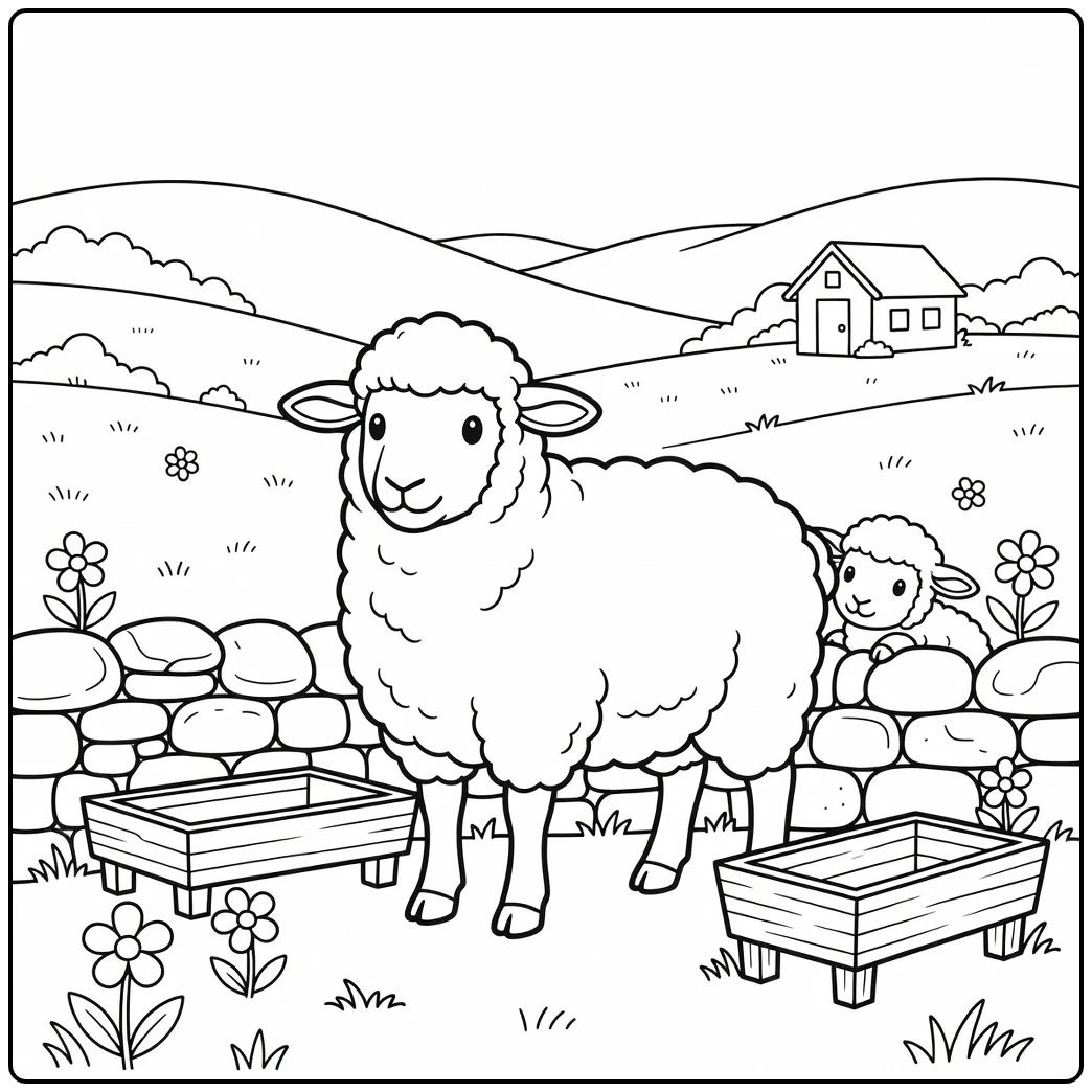 Sheep and peeking lamb farm animal coloring page