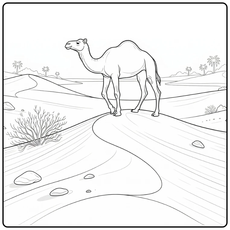 Realistic animal coloring page: camel on wind-shaped dune