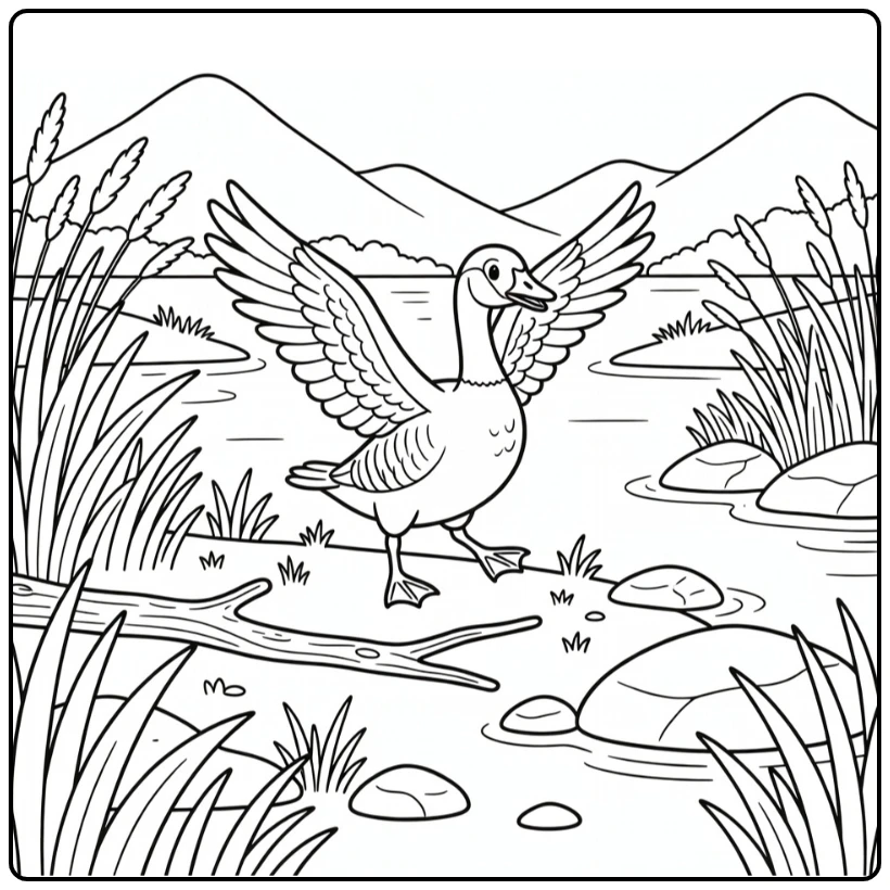 Canada Goose coloring page in wilderness lakeside scene