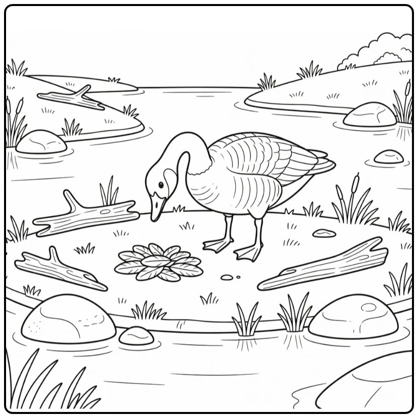 Canada Goose coloring page with goose checking feathers by water