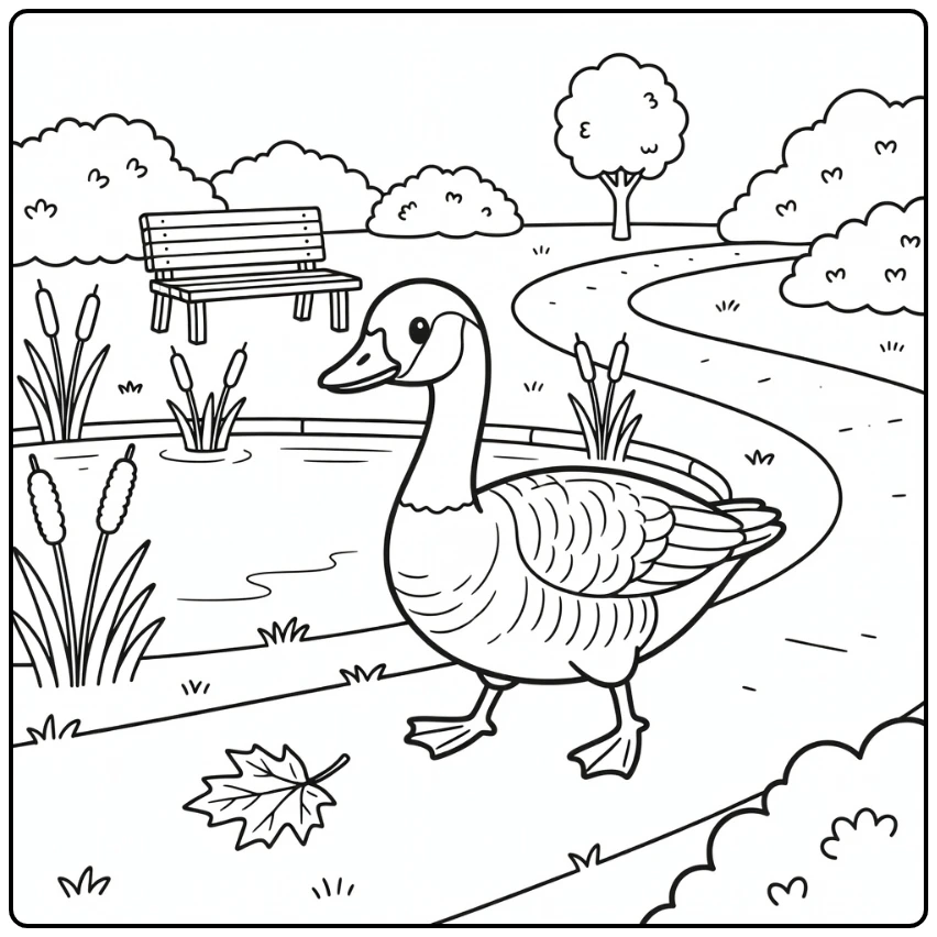 Canada Goose coloring page showing bird near pond and bench