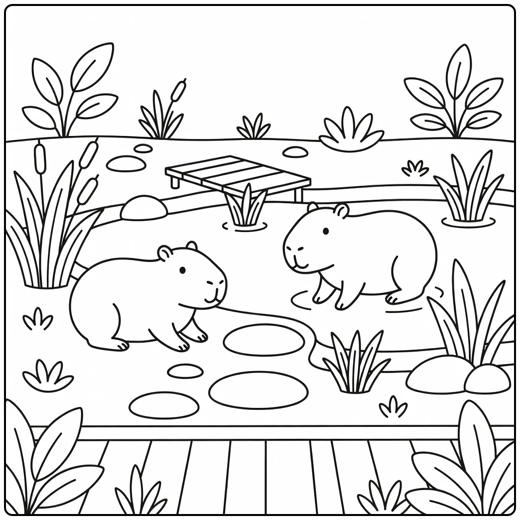 Zoo animals coloring page: capybaras by pond