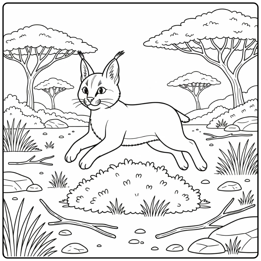 African Animals Coloring Page with Leaping Caracal