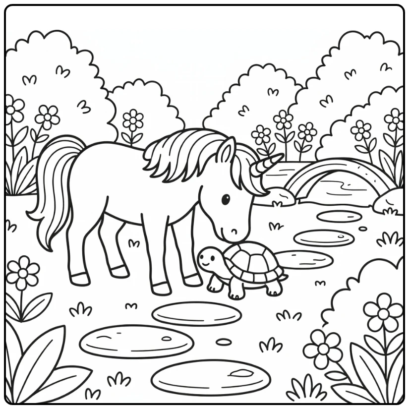 Unicorn coloring pages for kids: gentle unicorn lets turtle pass