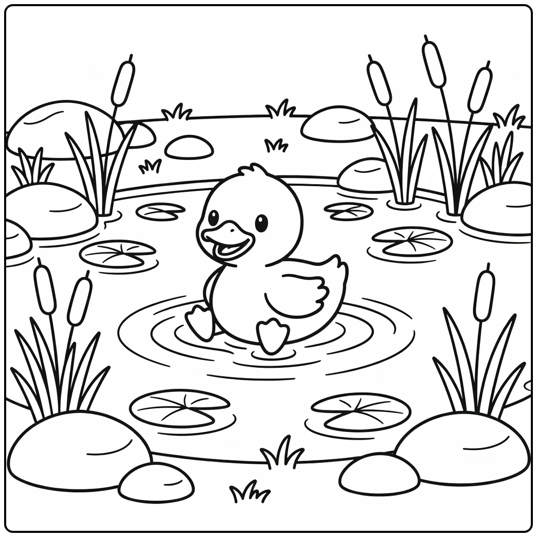Cartoon animal coloring page cheerful duckling pond