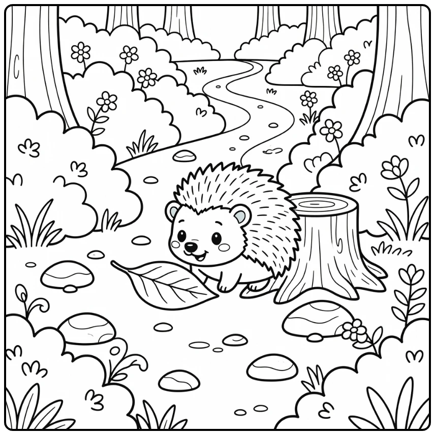 Cartoon animal coloring page of hedgehog sniffing a leaf