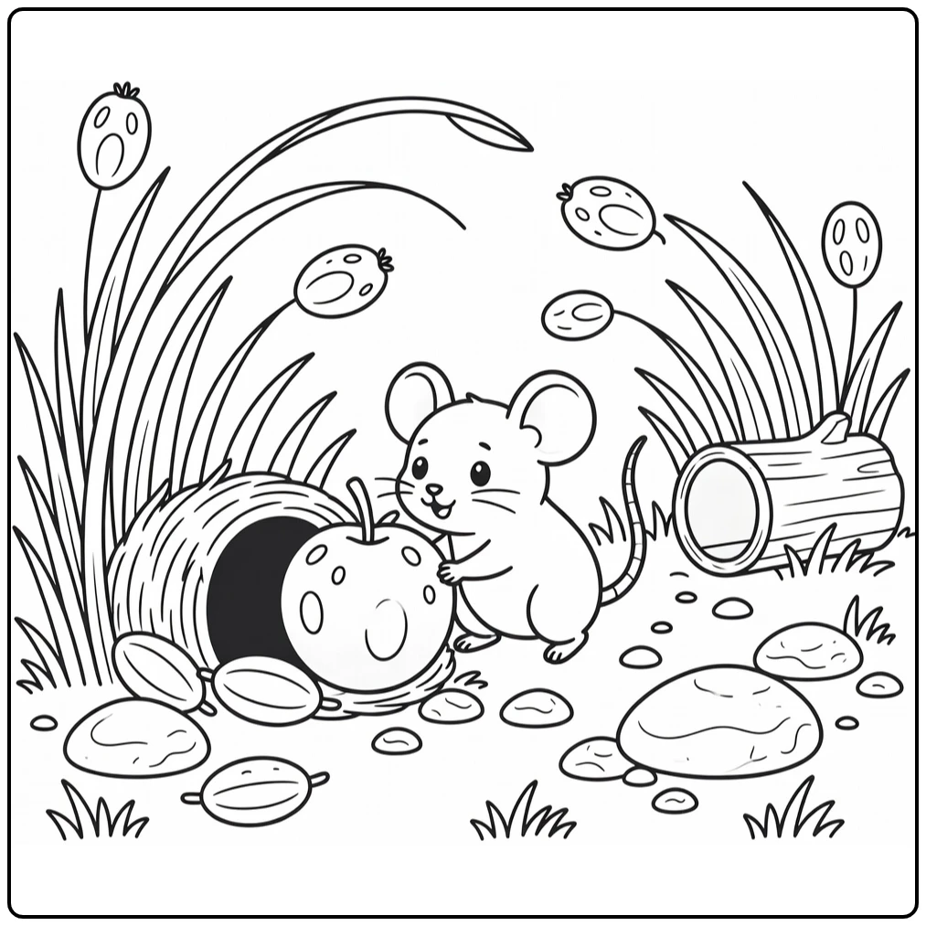 Cartoon animal coloring page of tiny mouse pushing berry