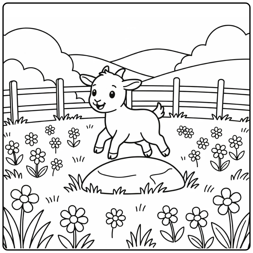Baby Goat on Rock Cartoon Animal Coloring Page