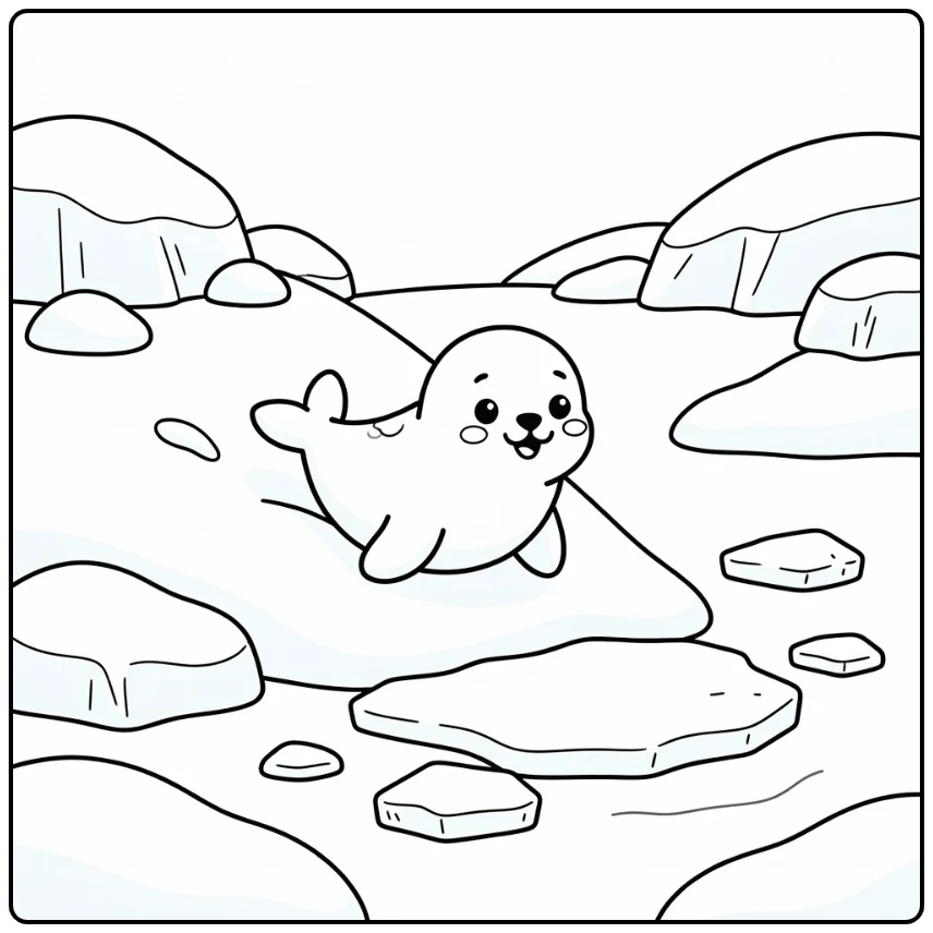 Cute baby seal sliding in cartoon animal coloring page
