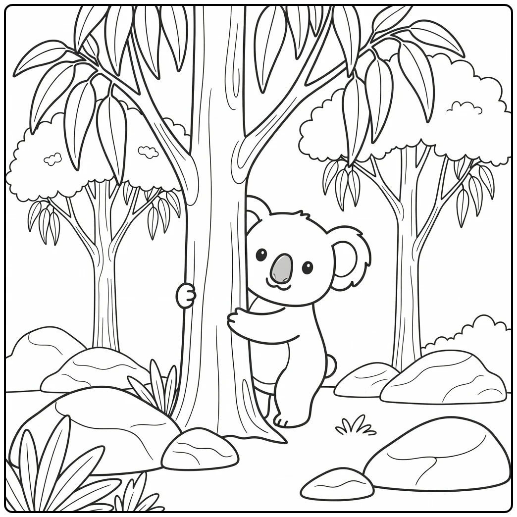 Cute koala hugging tree in cartoon animal coloring page