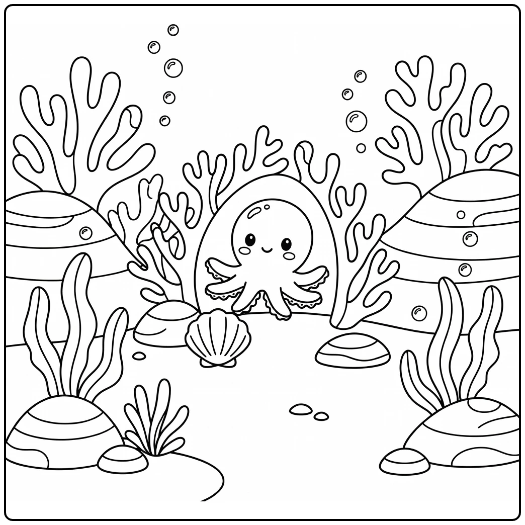Cartoon animal coloring page with cute octopus behind coral
