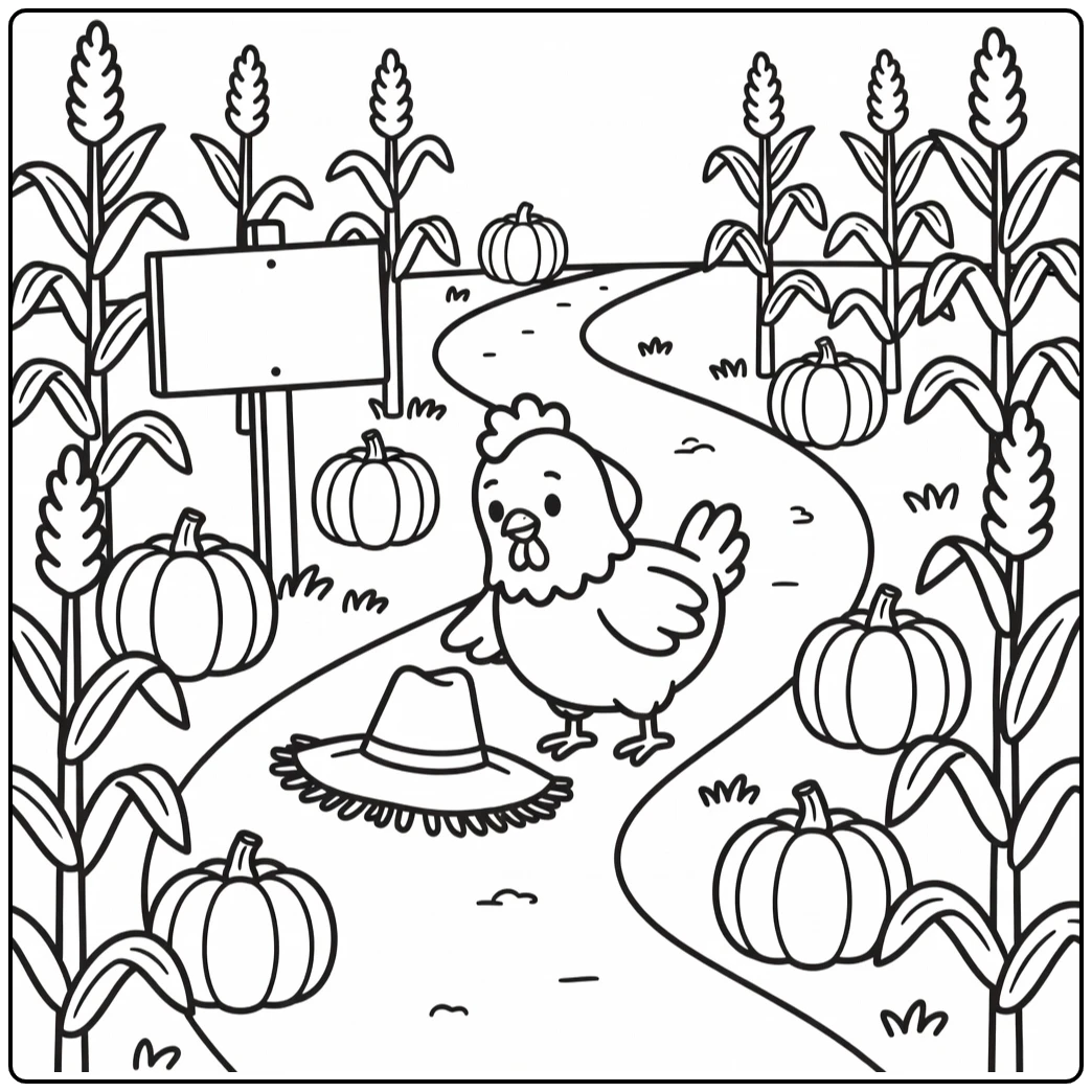 Cartoon chicken coloring page in cornfield adventure