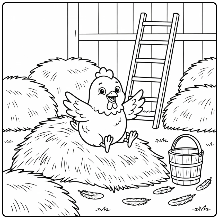 Cartoon chicken coloring page of joyful bird sliding on straw