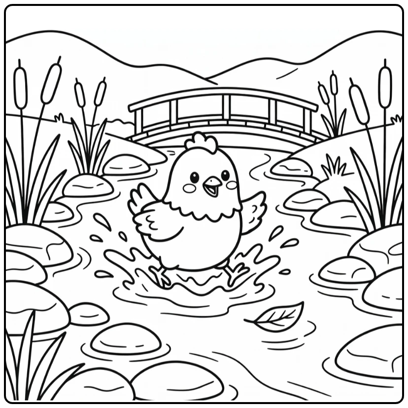 Cartoon chicken coloring page splashing in stream