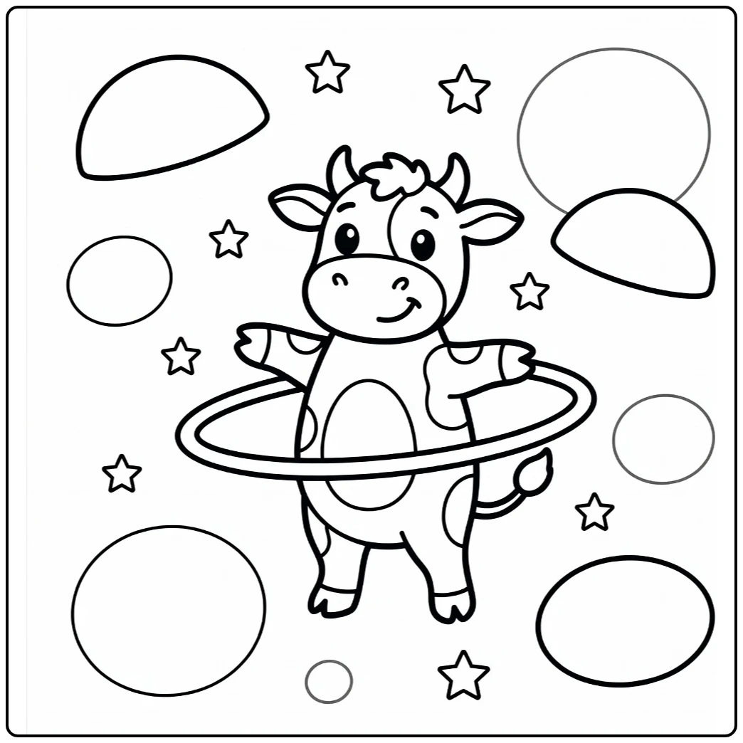 Cartoon cow coloring pages: hula hooping cow with stars