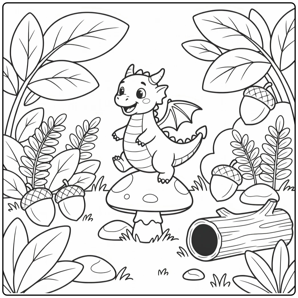 Cartoon dragon coloring page: playful bounce on giant mushroom