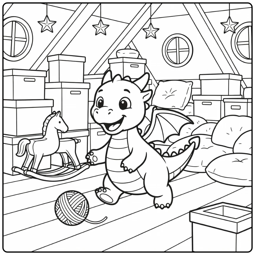 Cartoon dragon coloring page: chubby dragon chases yarn ball in attic