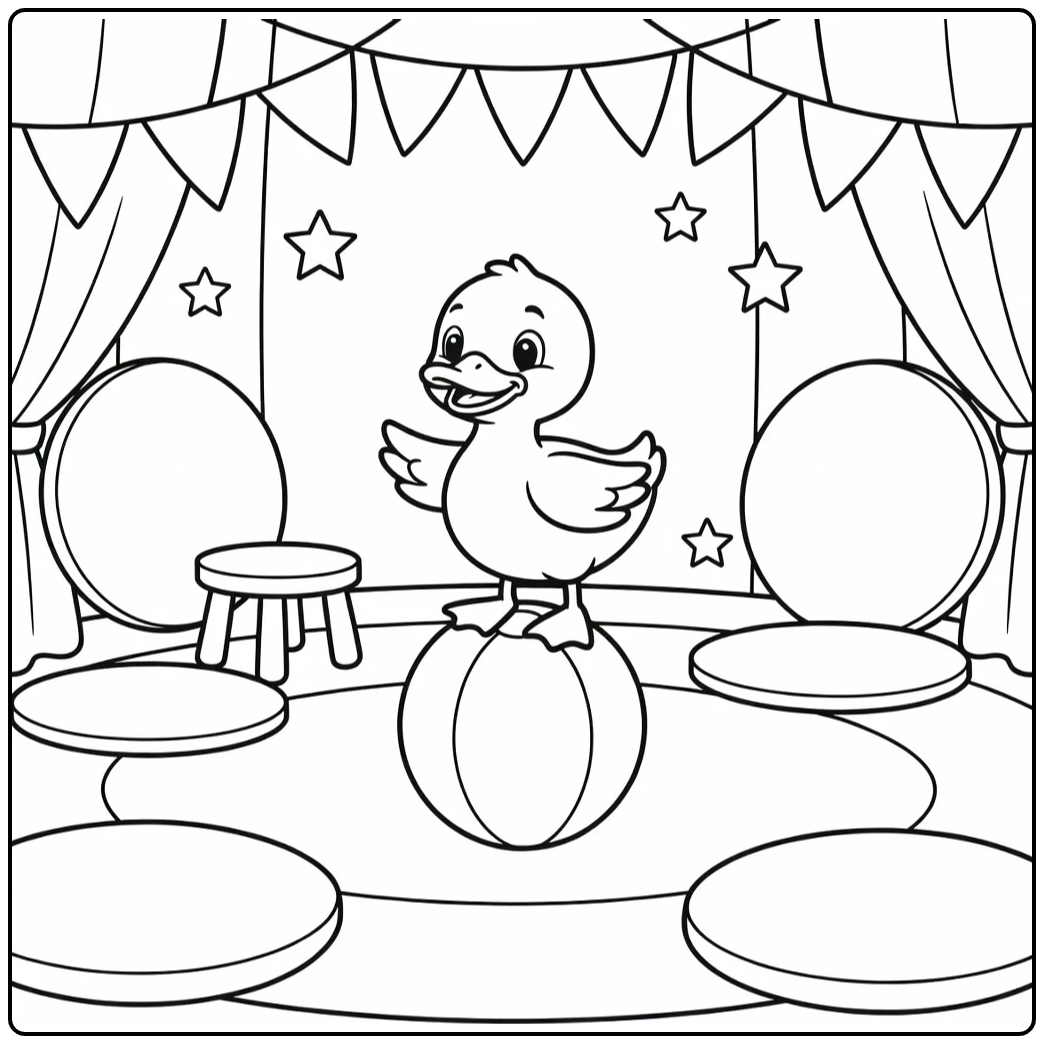 cartoon duck coloring page of duck on circus ball