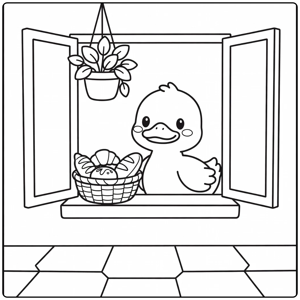 Cute cartoon duck coloring page peeking into bakery window