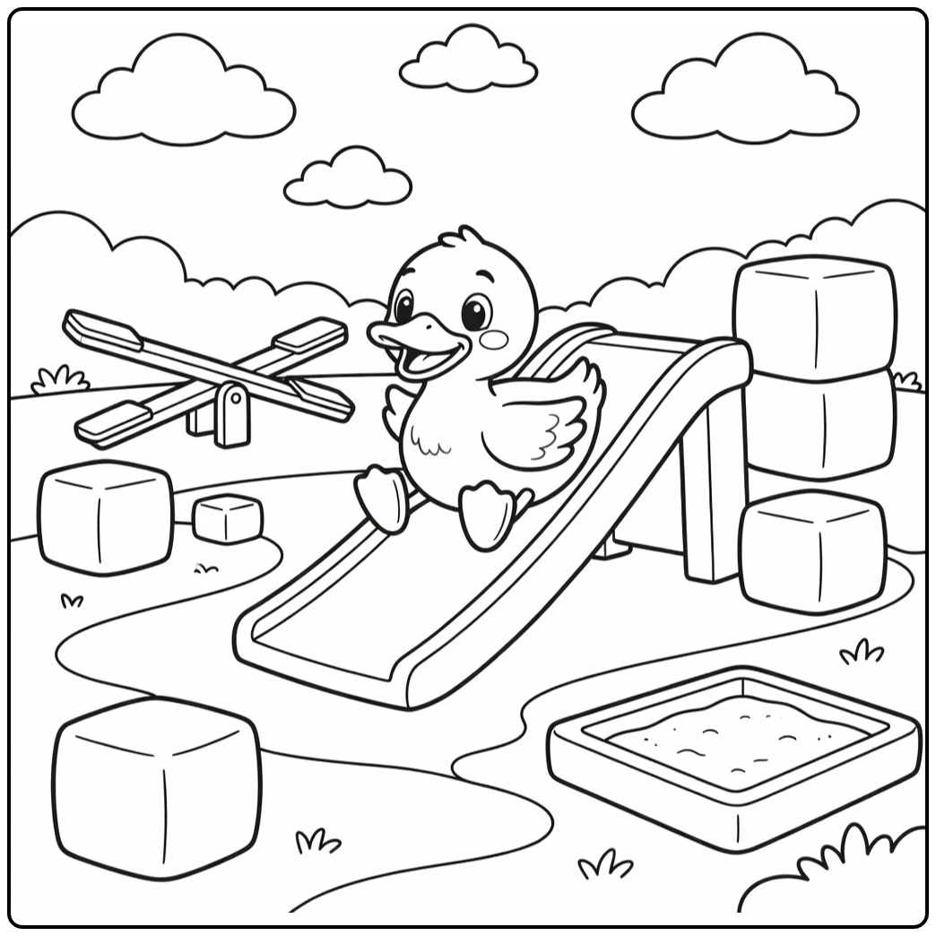 Cartoon duck coloring page on playground slide with seesaw