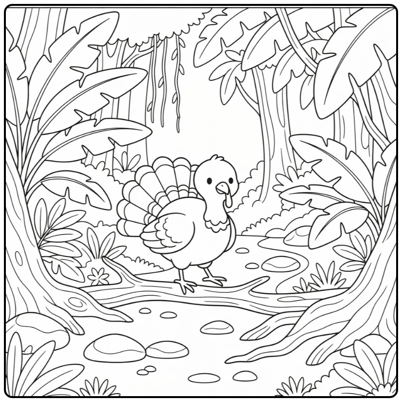 cartoon turkey coloring page with ocellated turkey on path