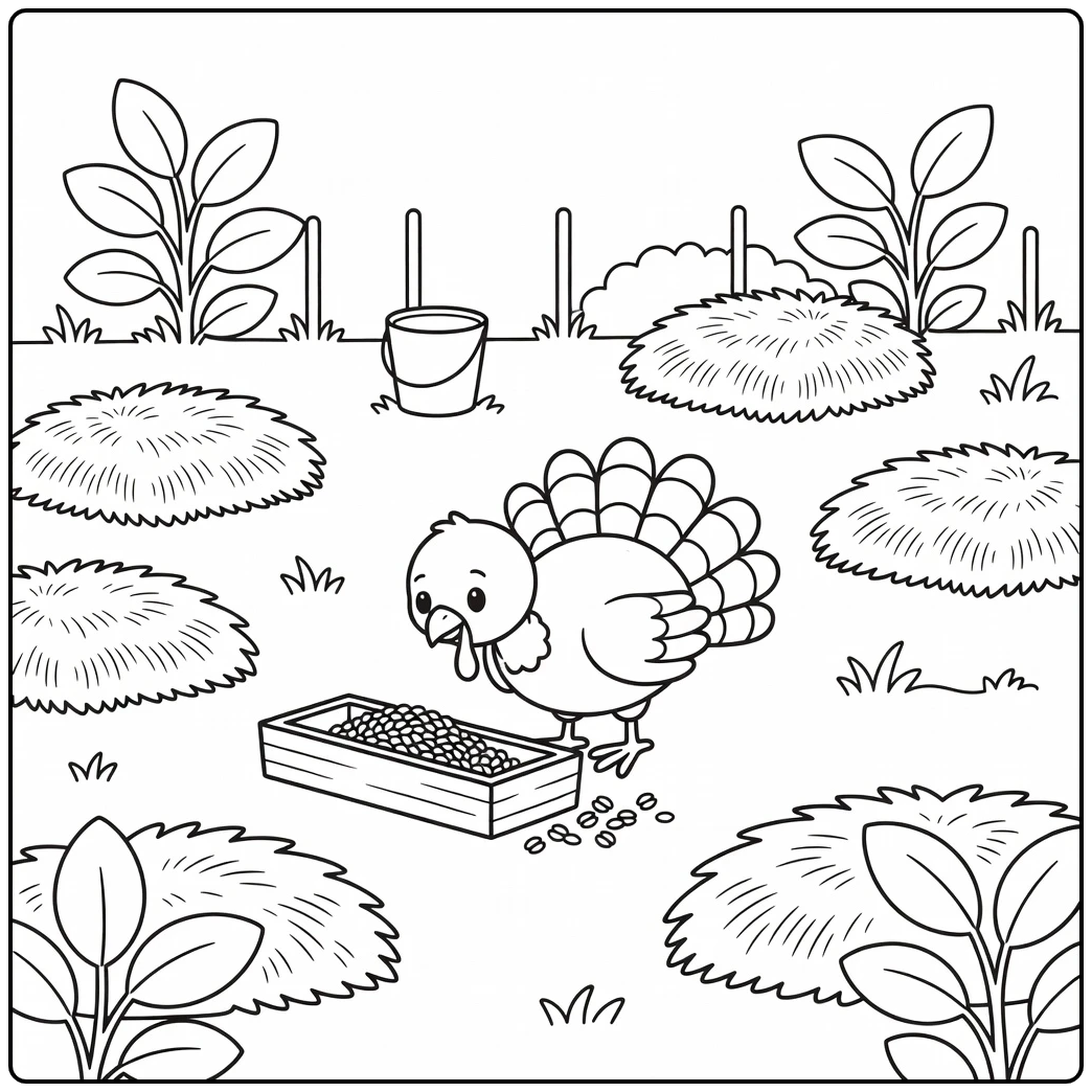 cartoon turkey coloring page of turkey pecking at grain