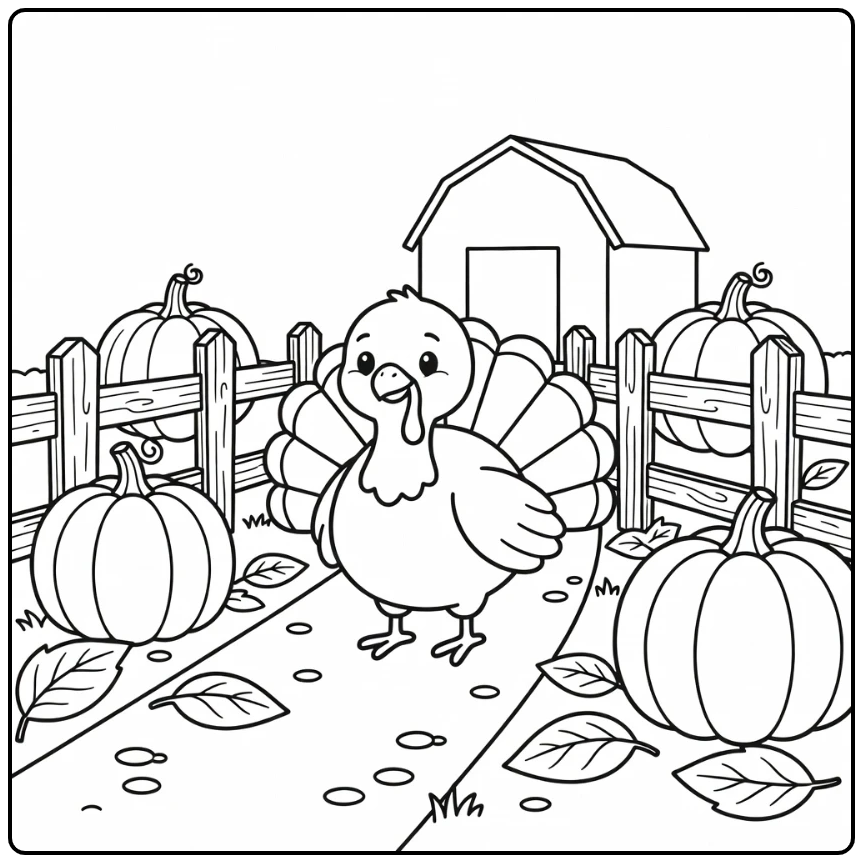 cartoon turkey coloring page featuring a waddling farm turkey