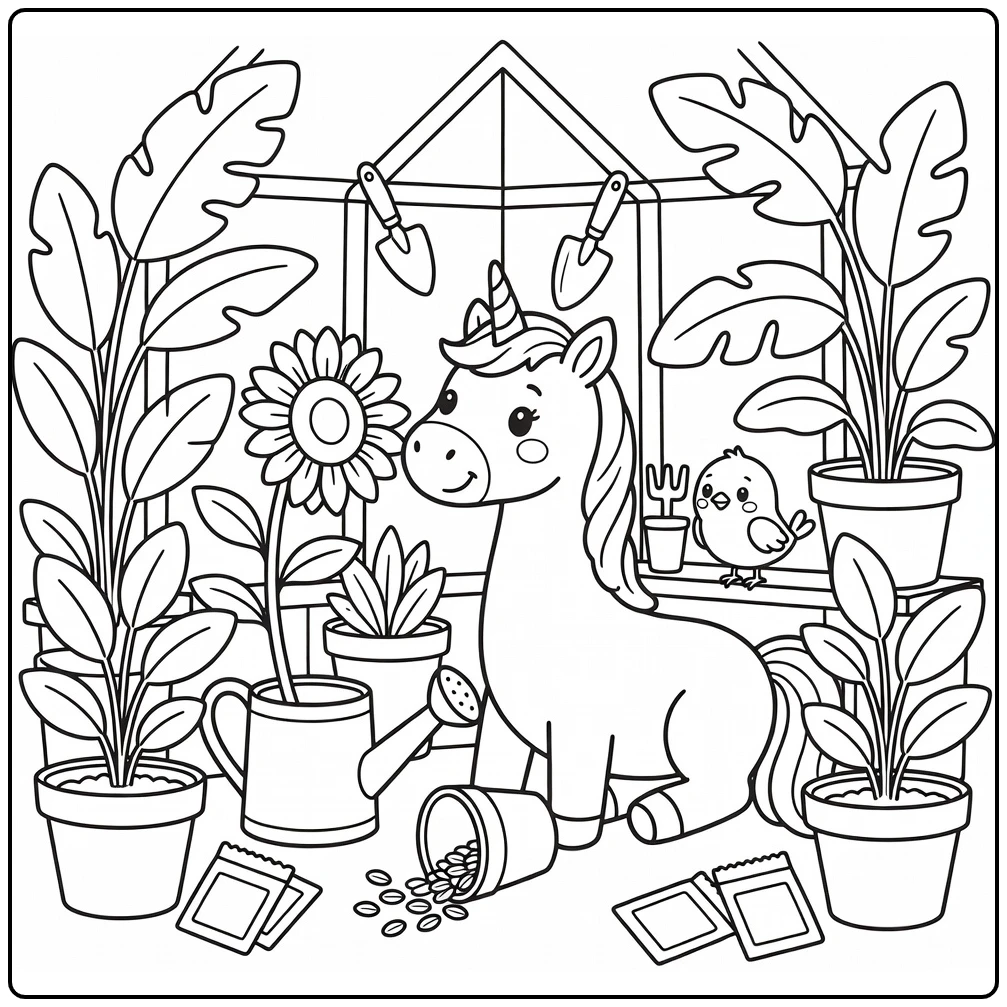 Cartoon unicorn coloring page: reaching for sunflower