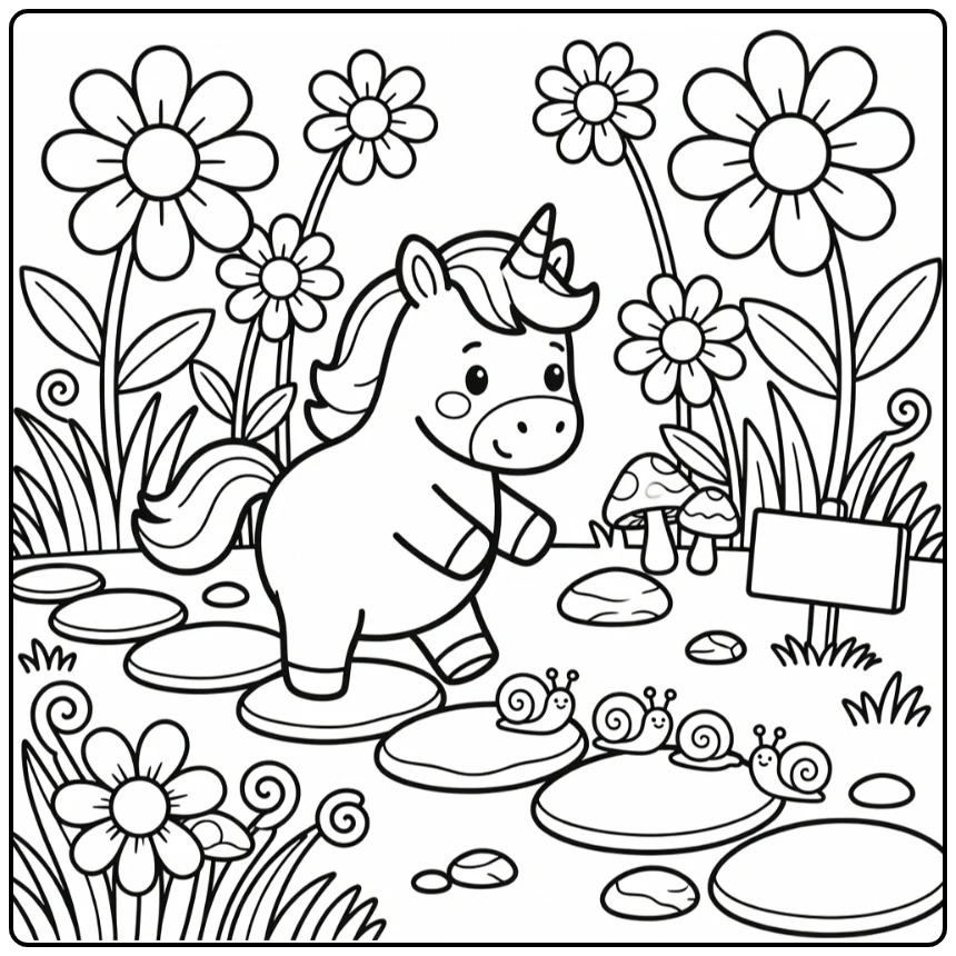 Cartoon unicorn coloring page: tiptoeing past snails