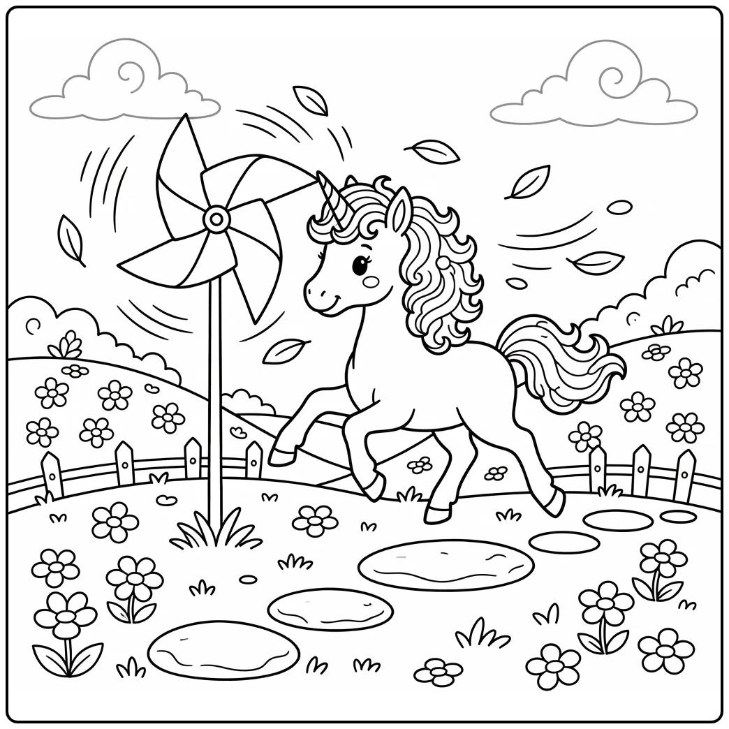 Cartoon unicorn coloring page: foal spins giant pinwheel on hill