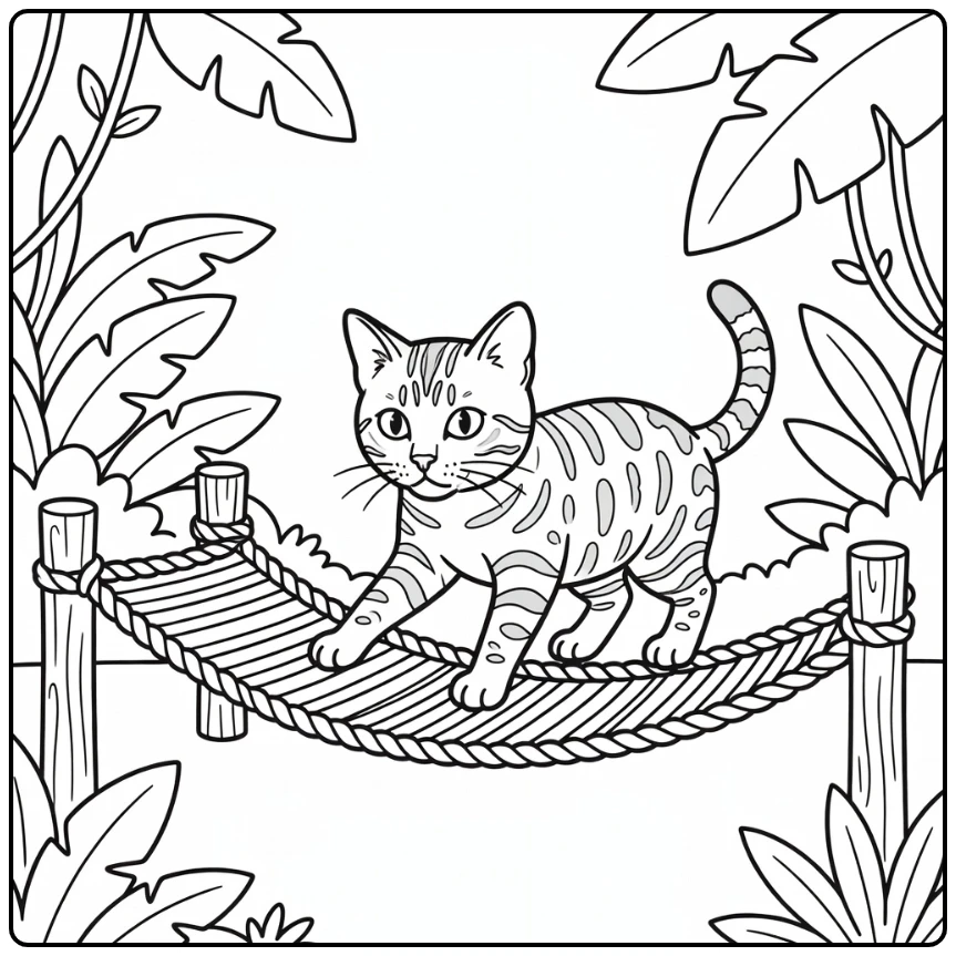 Bengal cat tests swaying rope bridge: bengal cat coloring pages