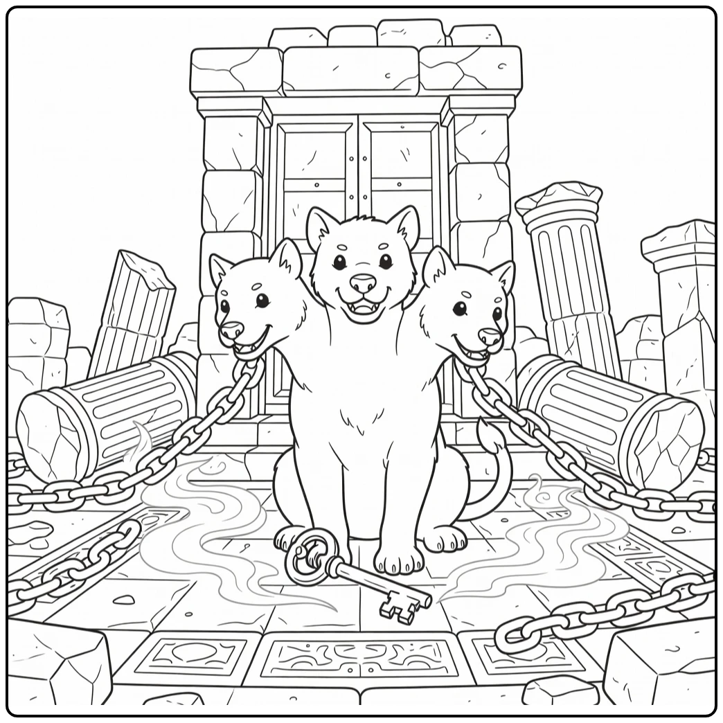 Mythical Animal Coloring Page of Three-Headed Cerberus