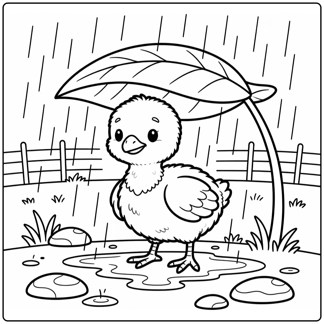 baby turkey coloring page of fluffy poult under leaf in rain