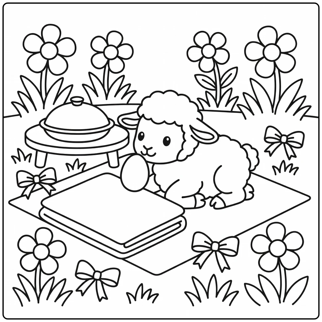 easter lamb coloring page with picnic and eggs