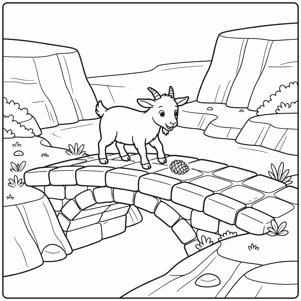 Fun goat coloring page with pinecone and ravine bridge