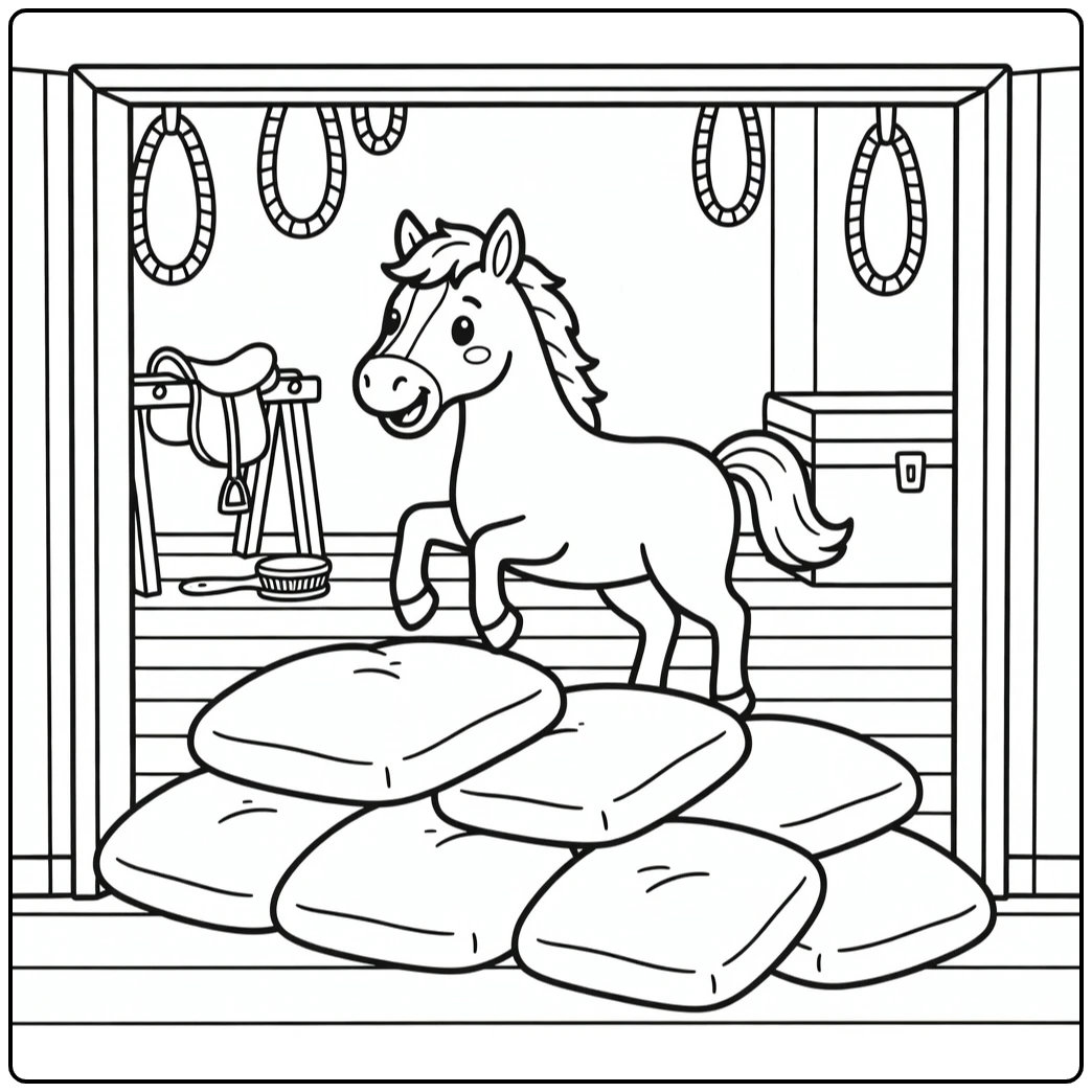 Horse cartoon coloring page: lively horse hops over cushions