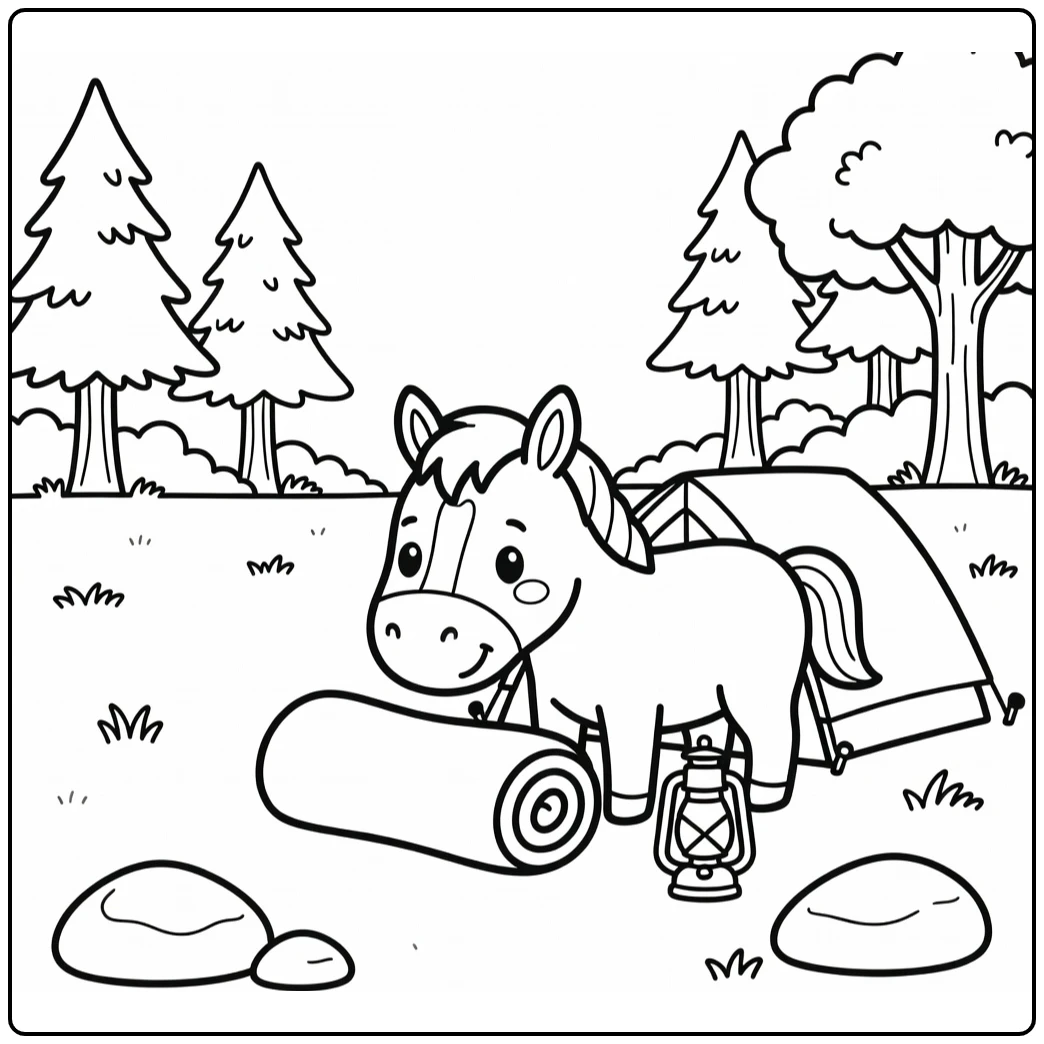 Horse coloring page with peaceful campsite and meadow scene