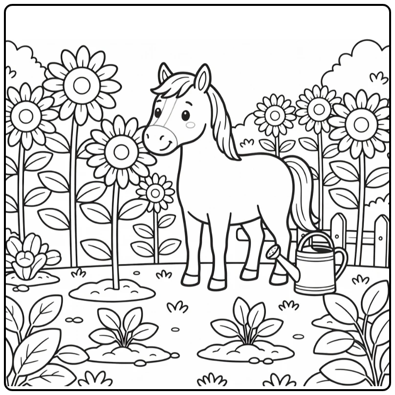 Horse coloring page with cute horse and tall sunflowers