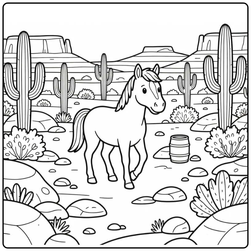 Horse coloring page in desert with cacti and mesas