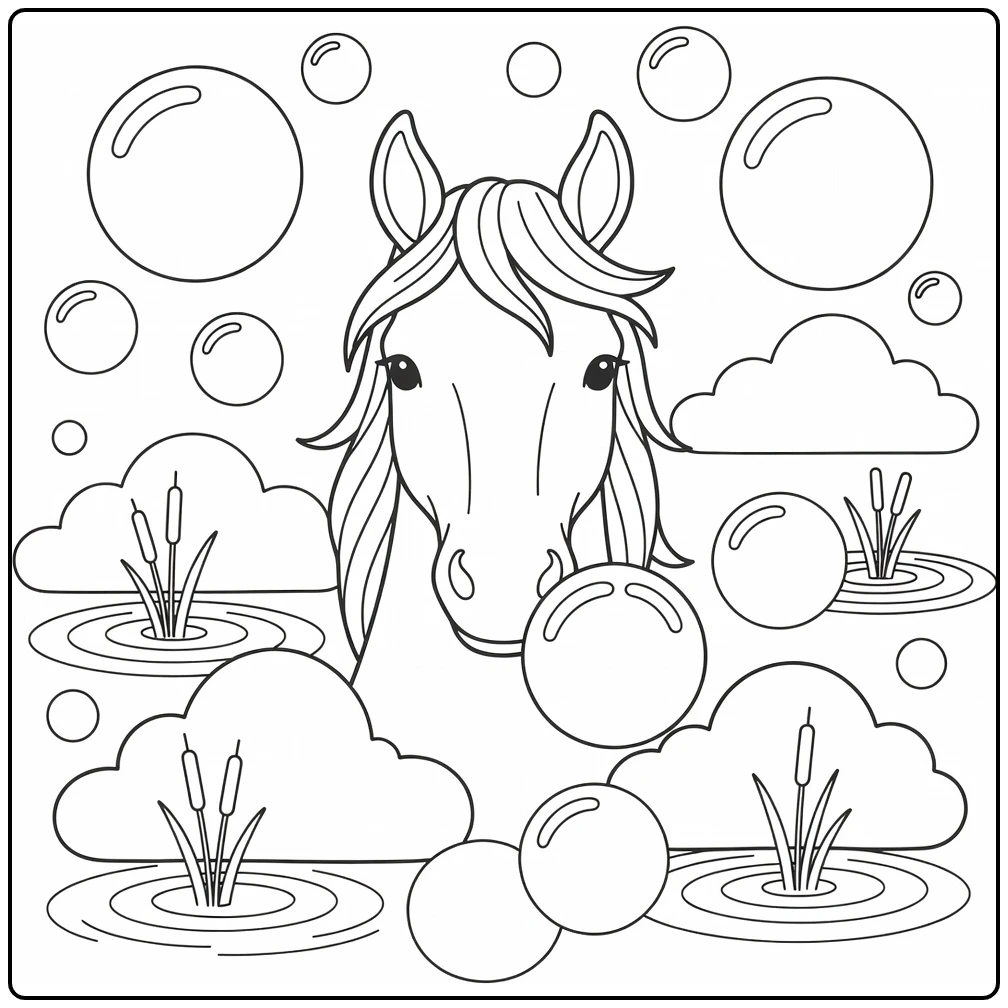 horse head coloring page with calm expression and soap bubble