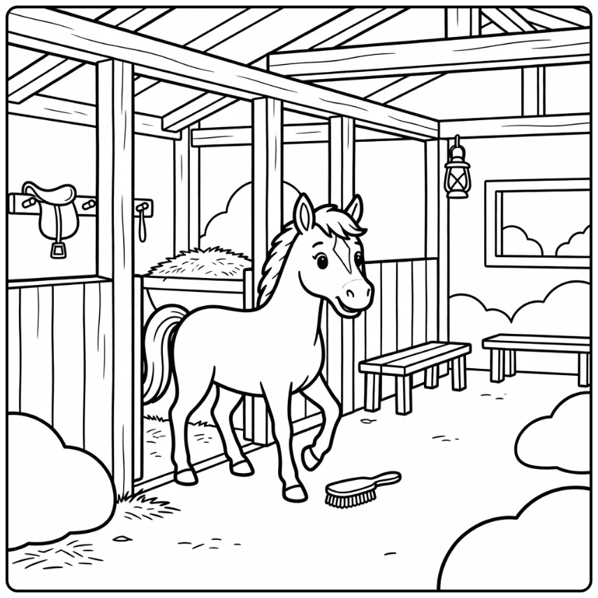 Horse stable coloring page with horse stepping out of stall